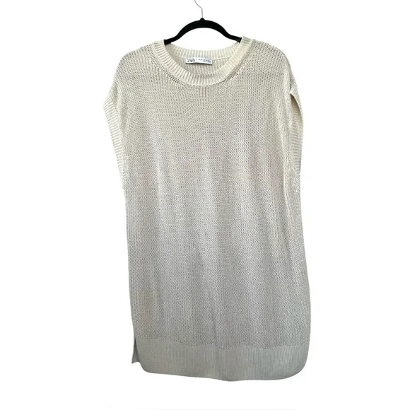Zara Oversized Sleeveless Linen Cotton Knit Long Top Cream Tan S/M - Picture 2 of 7